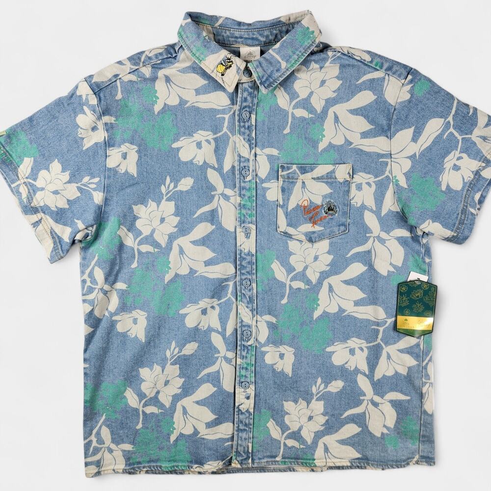 Disney Denim Floral Shirt Mens Large Button Up Princess Tiana Color Me Courtney